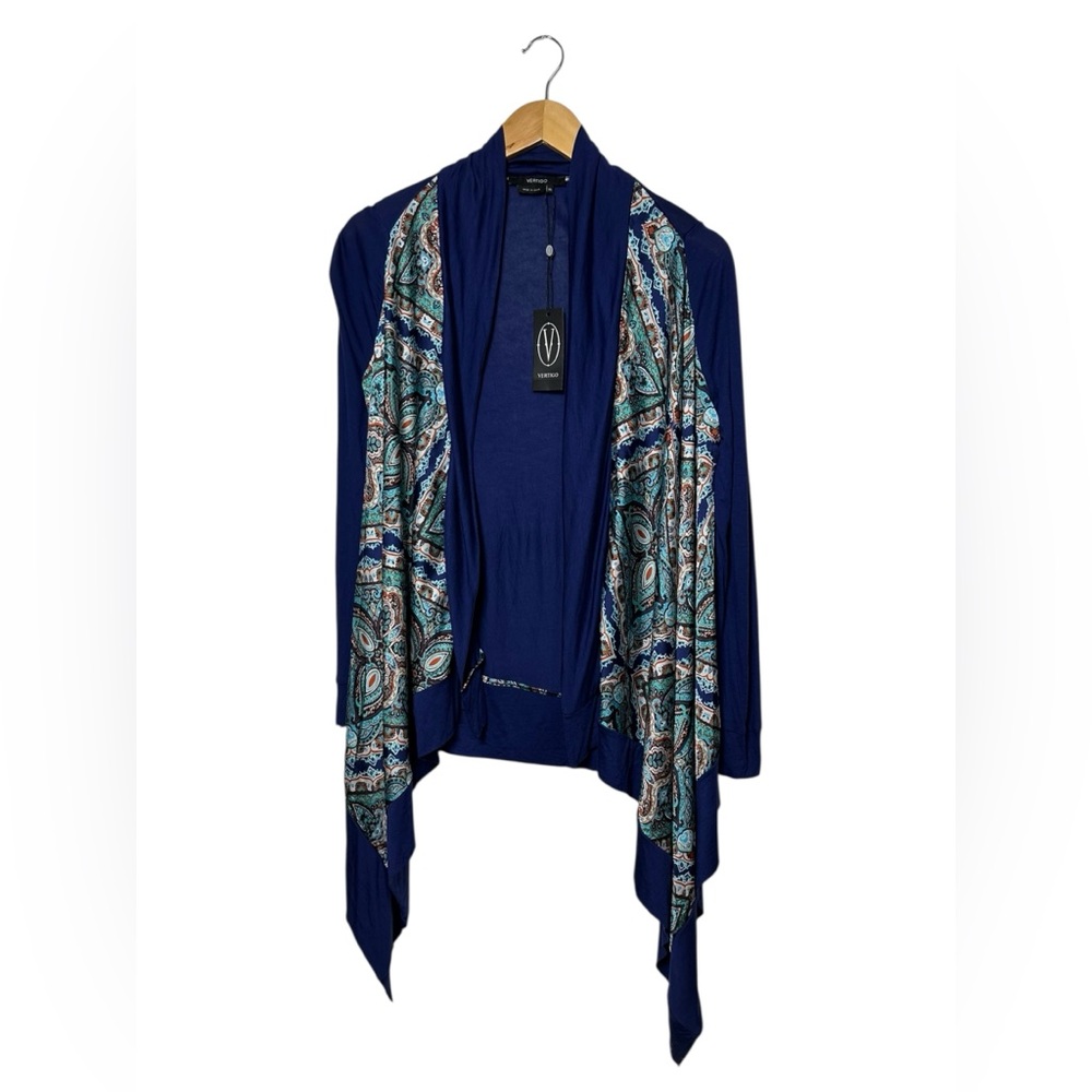 NWT Vertigo Women's Paisley Love/Royal Blue High/Low Cardigan Open Front $240 XS